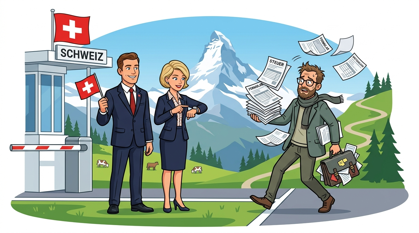 Humorvolle Illustration: Kulturschock an der Schweizer Grenze