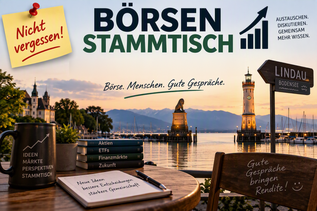 Börsen-Stammtisch Lindau – Treffen am Bodensee mit Blick auf Löwe und Leuchtturm im Lindauer Hafen