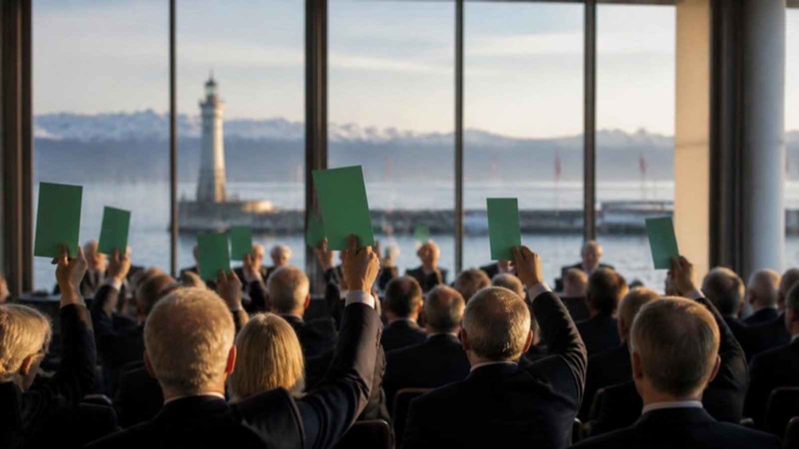 Symbolbild: Mitglieder einer Genossenschaftsbank stimmen mit grünen Stimmkarten ab, im Hintergrund der Lindauer Leuchtturm und die Alpen
